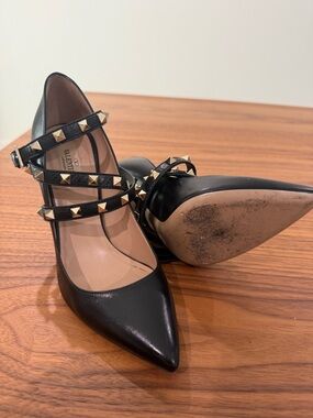 Valentino Black Leather Rockstud Pointed-Toe Heels